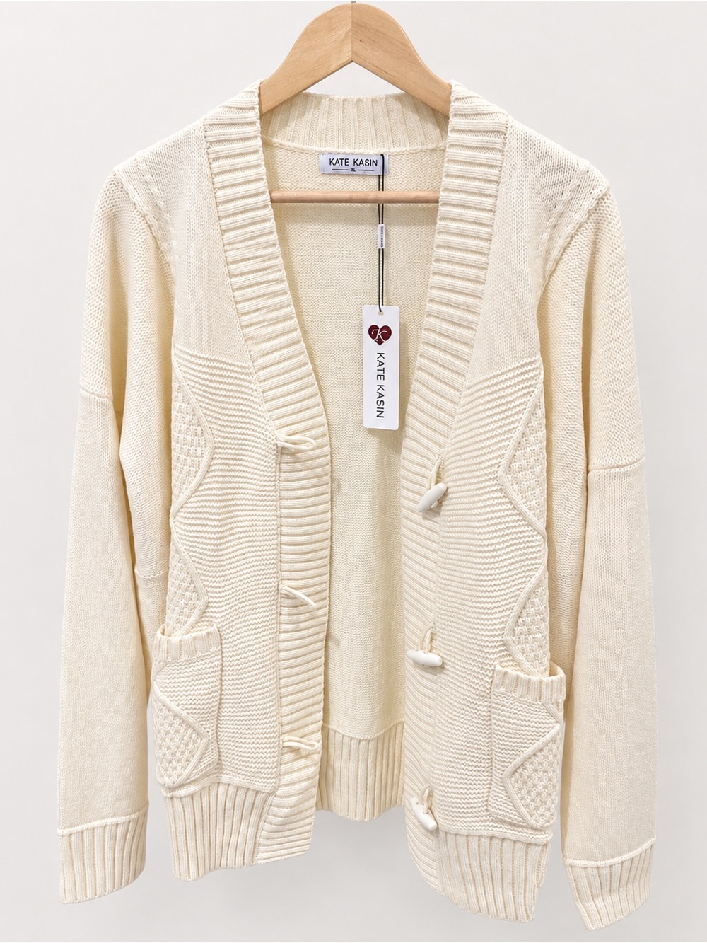 Kate Kasin Ivory Cable Knit Toggle Cardigan NWT